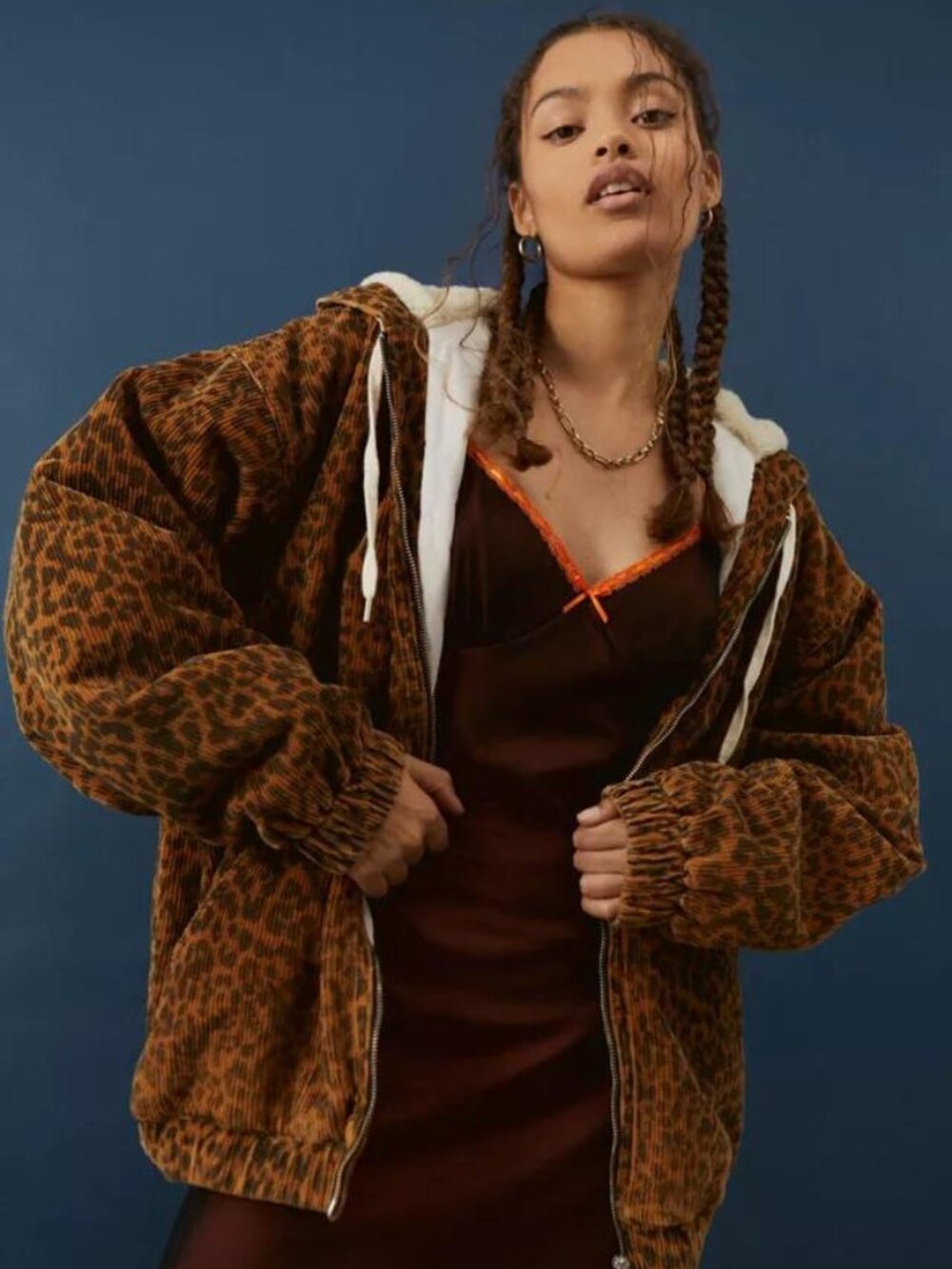 BDG Brown Leopard Print Sherpa-Lined Zip Hoodie Skater Jacket